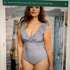 Aava Oceane Retro Striped Blue and White ruffle One Piece Swimsuit